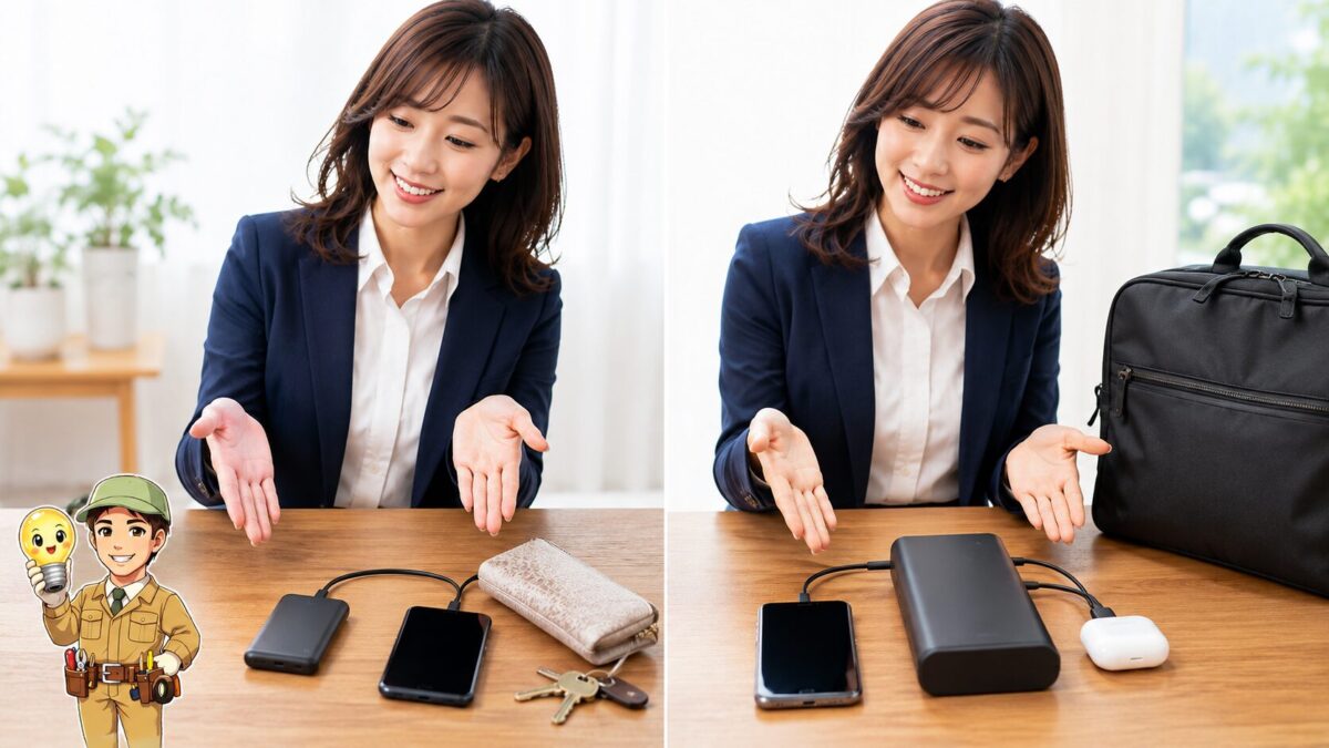 小型のモバイルバッテリーでスマートフォンを充電する場面と、大型のバッテリーで複数機器を充電する場面