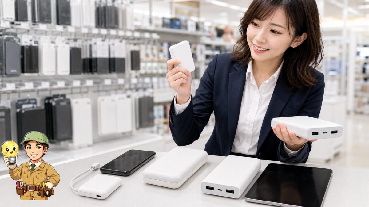 大きさや厚み、端子構成が異なる複数のモバイルバッテリーを店頭で比較する場面