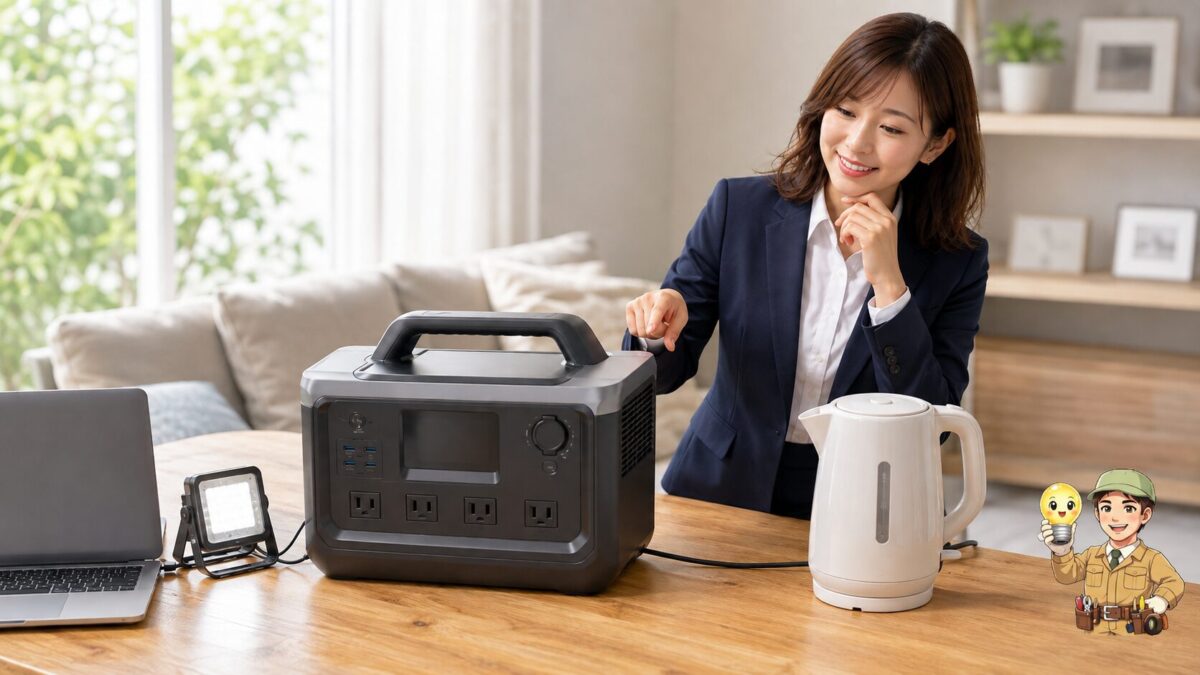 ポータブル電源とノートパソコン、照明、電気ケトルを並べて家電ごとの必要電力を確認する場面