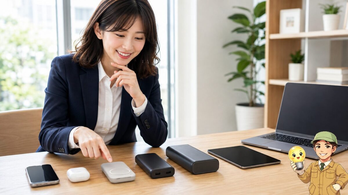 形状や大きさの異なる4台のモバイルバッテリーを、スマートフォンやパソコンなどの用途に合わせて比較する手元