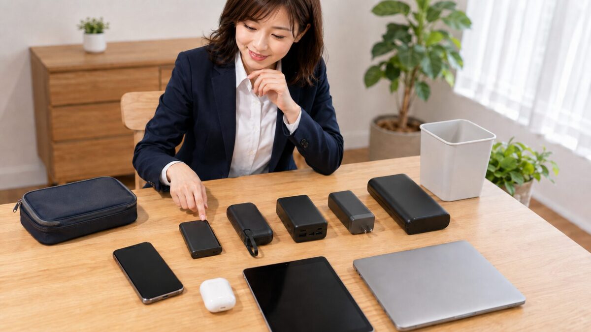 形状や大きさの異なるモバイルバッテリーを、充電機器や携帯用品、回収容器とともに比較する手元
