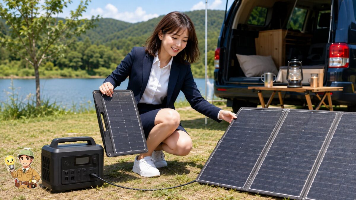 屋外で重さや大きさ、耐候性、接続方法が異なるソーラーパネルを比較する人物
