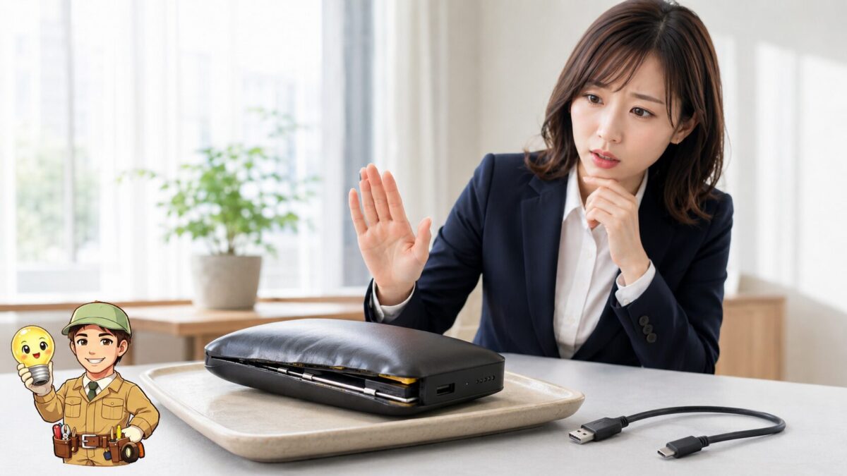 内部から膨らんで外装が変形したモバイルバッテリーに触れず異常を確認する人物