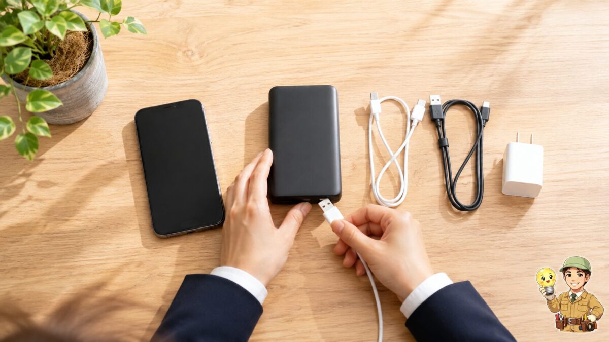 モバイルバッテリーを中心にケーブルとスマートフォンを一つずつ交換して原因を調べる手元