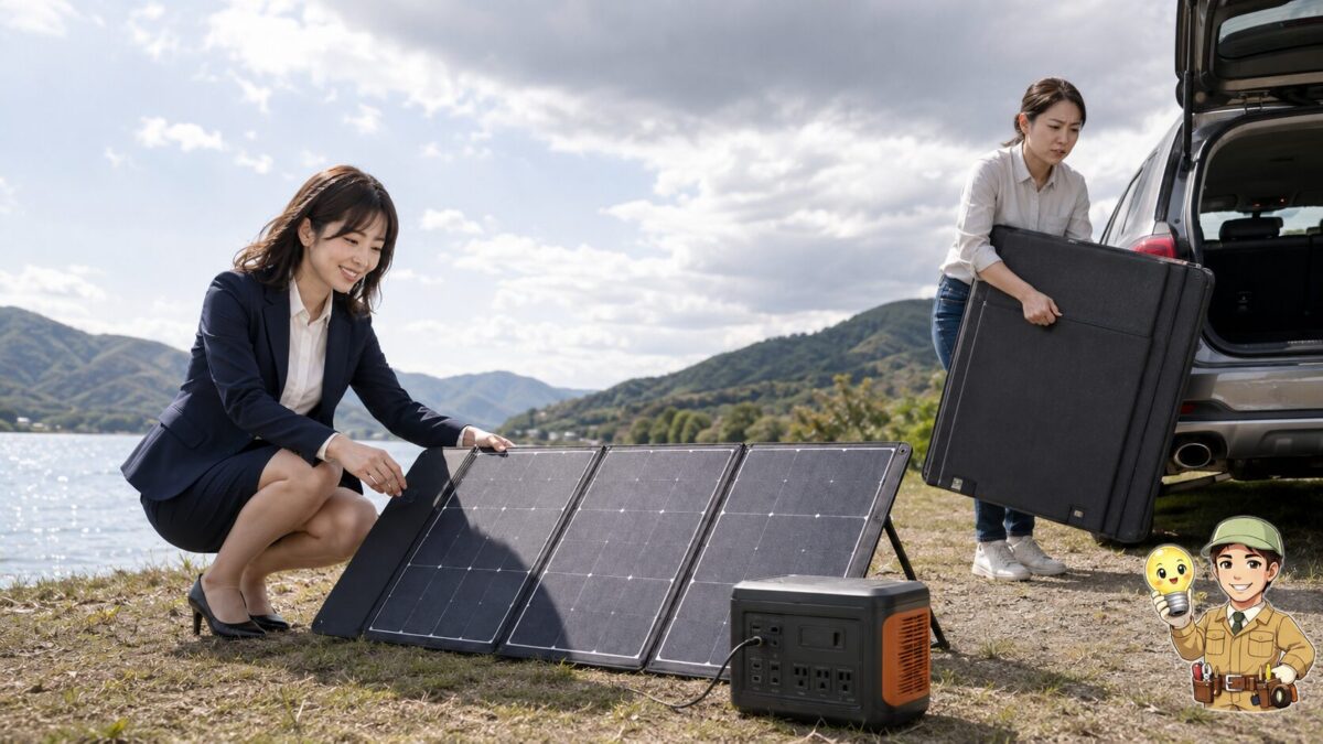 晴天下で発電するソーラーパネルと、大きな折りたたみパネルを車の横で持ち上げる人物