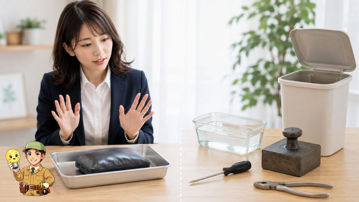 膨張したモバイルバッテリーを工具や水や家庭ごみから離して触らず保管する場面