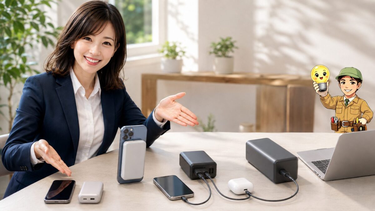 小型、磁気式、多ポート、高出力という特徴が異なる4種類のモバイルバッテリーを対応機器と並べた様子