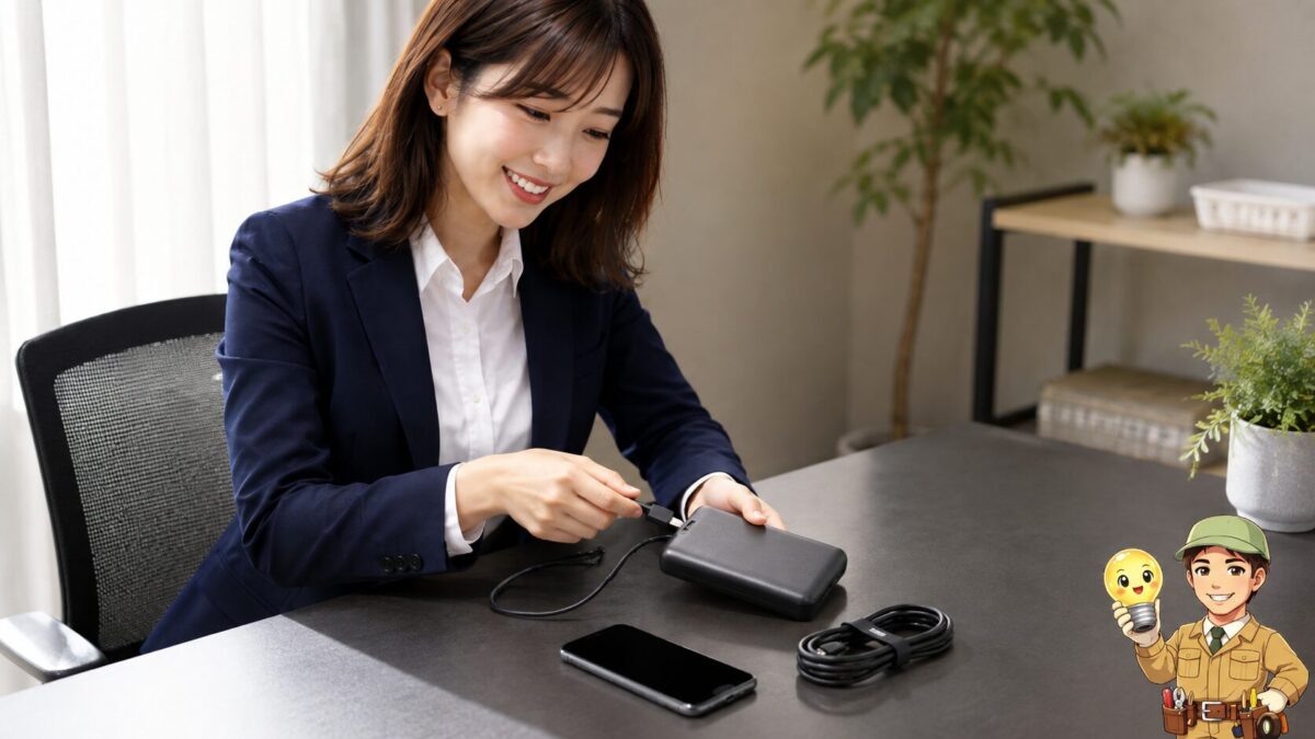 膨張して変形したモバイルバッテリーからケーブルを外し、触れずに状態を確認している場面
