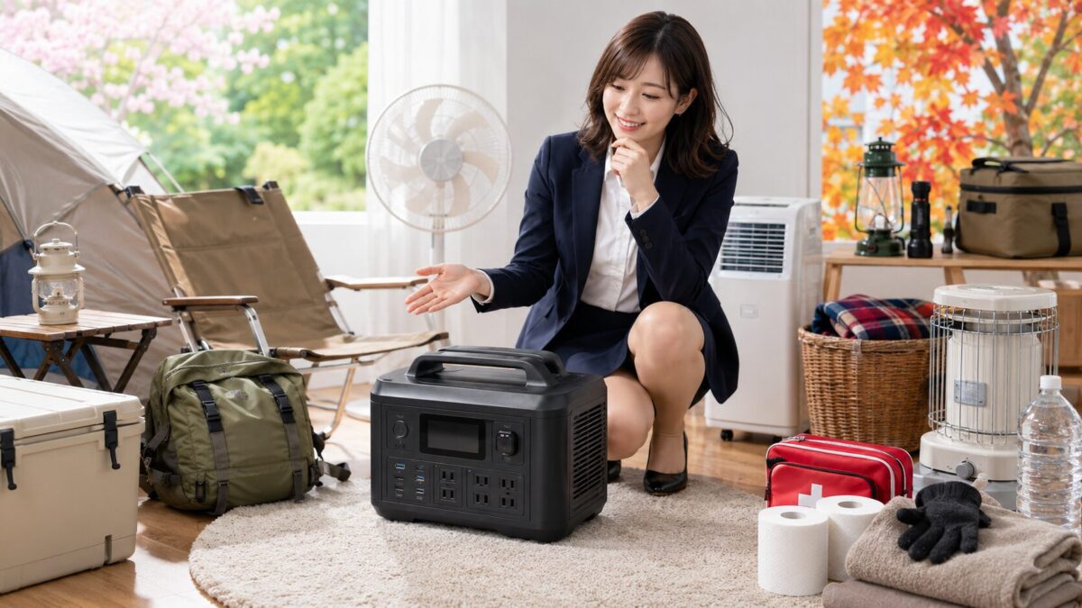 季節ごとの生活用品に囲まれたポータブル電源を見ながら購入時期を検討する人物
