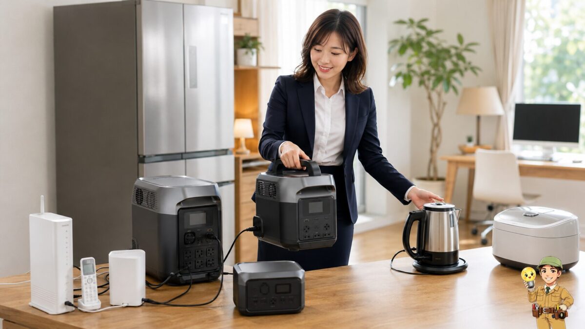 ポータブル電源から冷蔵庫や通信機器と高出力の調理家電へ給電して容量と出力の違いを示す場面