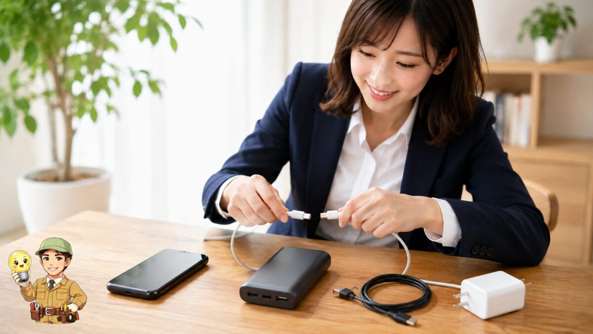 正しい入力ポートと傷みのないケーブルでモバイルバッテリー本体を充電する手元