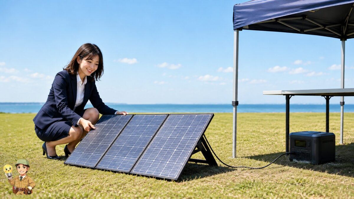 開けた場所でパネルを太陽に正対させ、電源を日陰に置いて接続する様子