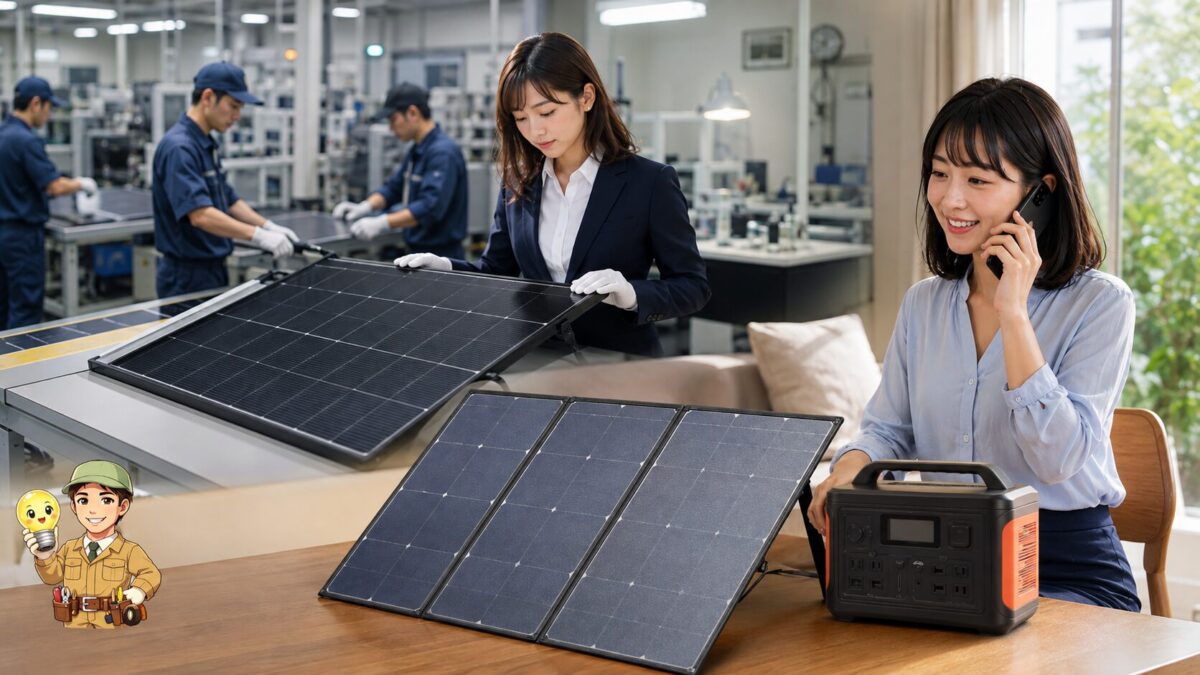 海外工場での製造、日本での品質確認、家庭での国内サポート対応を一つの場面で表した構図