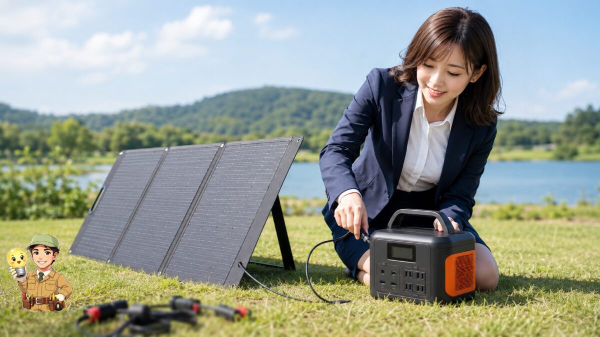 純正のソーラーパネルとポータブル電源を1本のケーブルで接続する様子