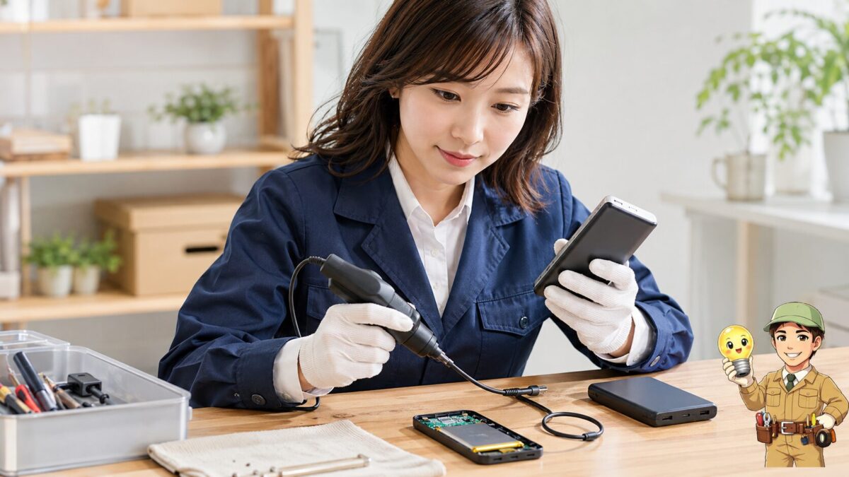 技術者がモバイルバッテリーの膨張、温度、接続状態、保護回路を複数の方法で点検する様子