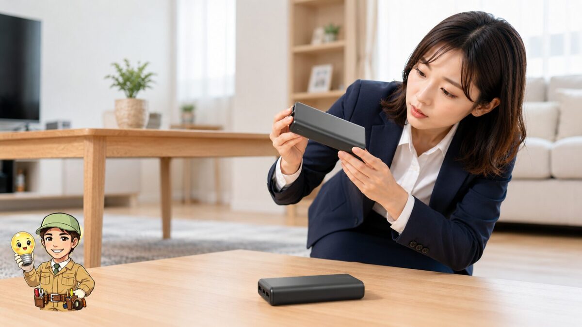 明るい机の上でモバイルバッテリーの角や継ぎ目、端子の状態を確認する人物