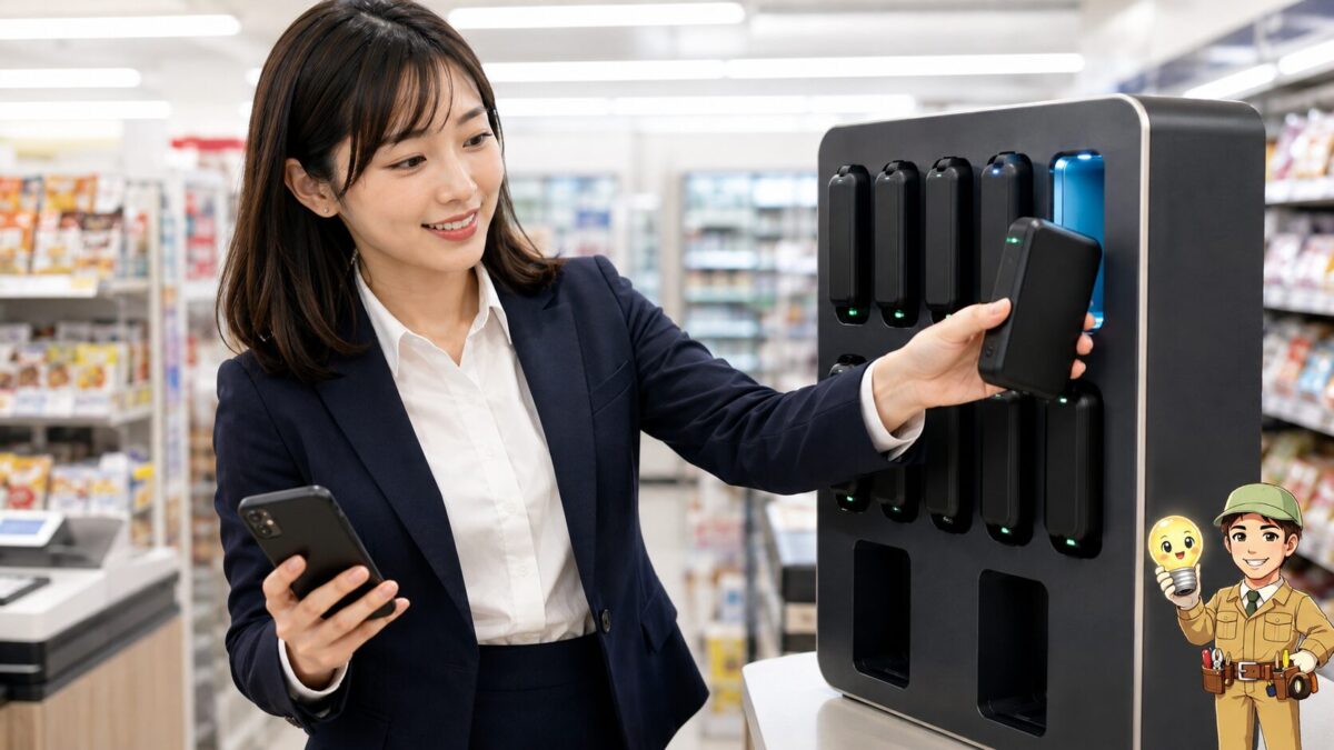 コンビニ店内のレンタルスタンドからモバイルバッテリーを借りる人物