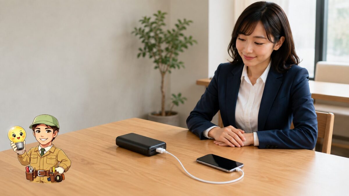 机の上でスマートフォンを操作せずモバイルバッテリーから安全に充電している場面