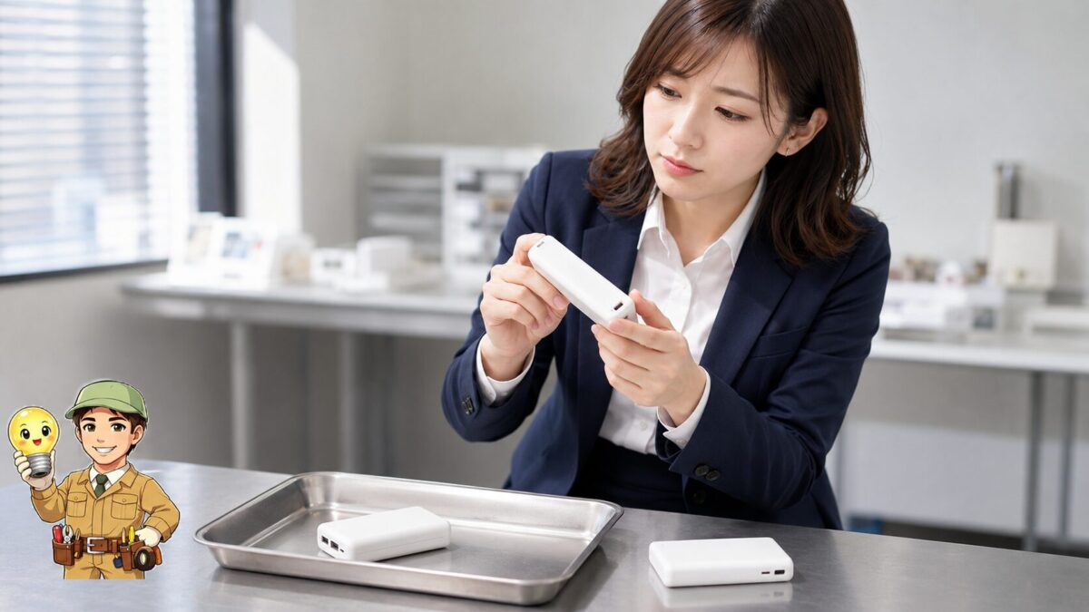 正常なモバイルバッテリーと膨張した製品を分けて安全に点検する人物