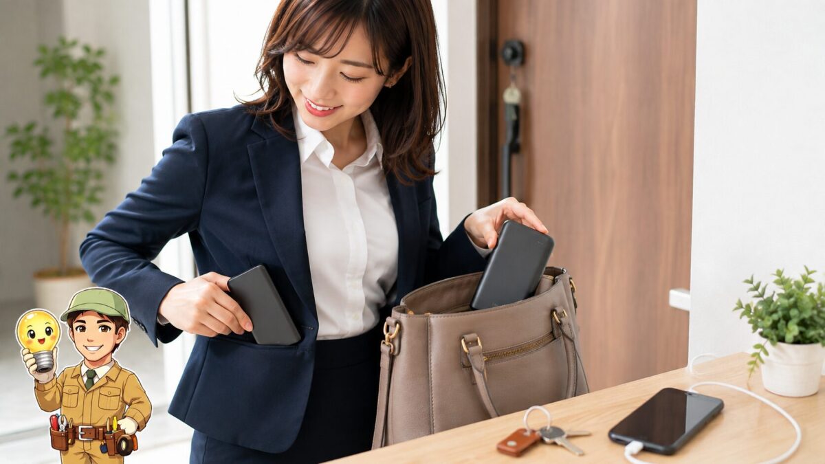 薄型バッテリーを上着のポケットに入れ、大型バッテリーをバッグに収納して重さとサイズを比べる場面