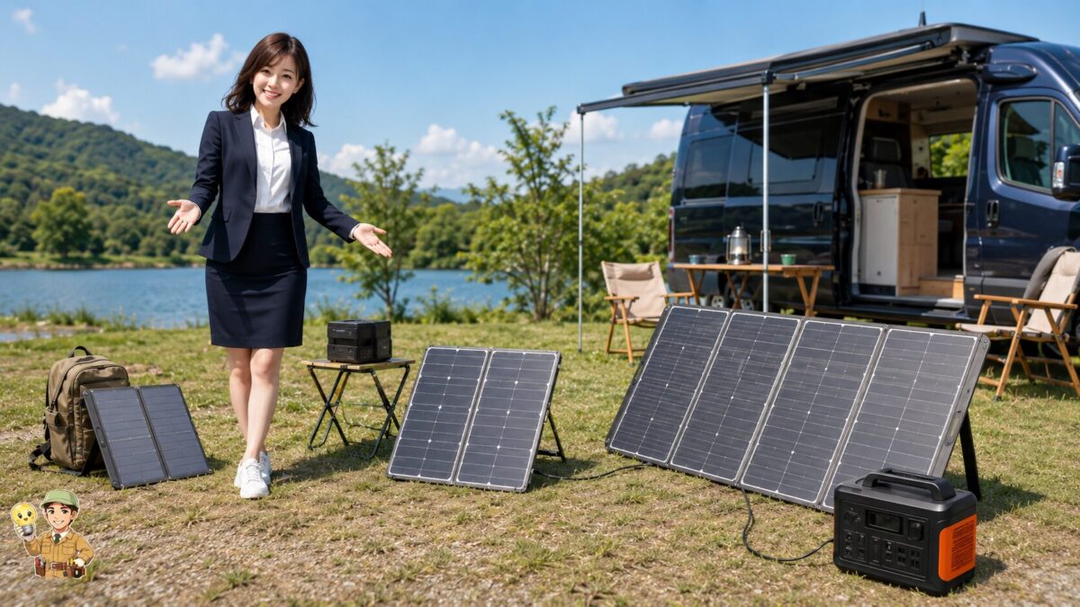 キャンプ場で用途や大きさの異なる複数のポータブルソーラーパネルを並べた様子