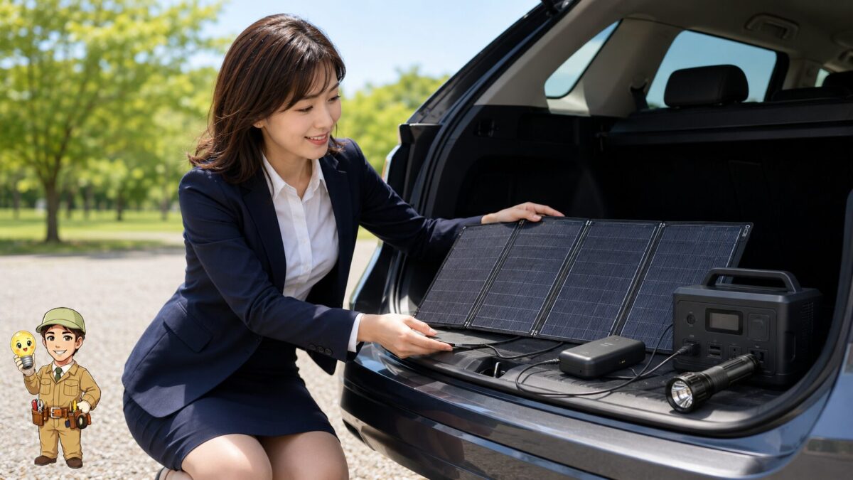 車載した小型ソーラーパネルで非常用ライトやモバイルバッテリーを充電しながら角度を調整する利用者