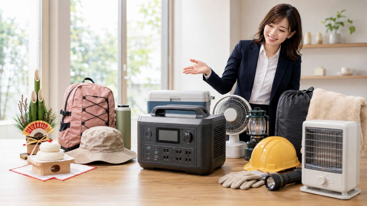 季節を象徴する用品とともに年間の購入タイミングを表現したポータブル電源