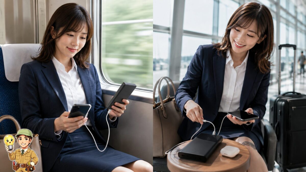 通勤中に小型バッテリーで継ぎ足し充電する人と、旅行先で大型バッテリーから複数機器を充電する人