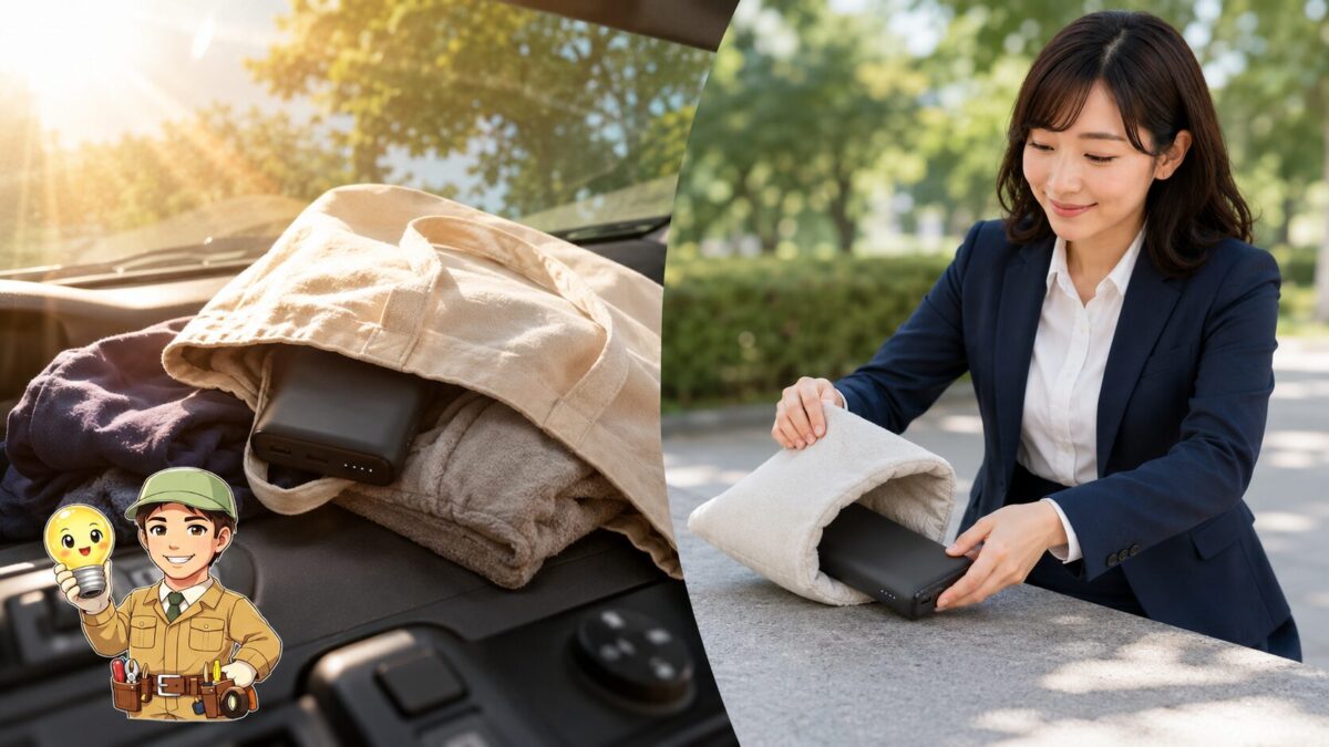 高温の車内や重い荷物の下を避け、モバイルバッテリーを安全な場所へ移す人物