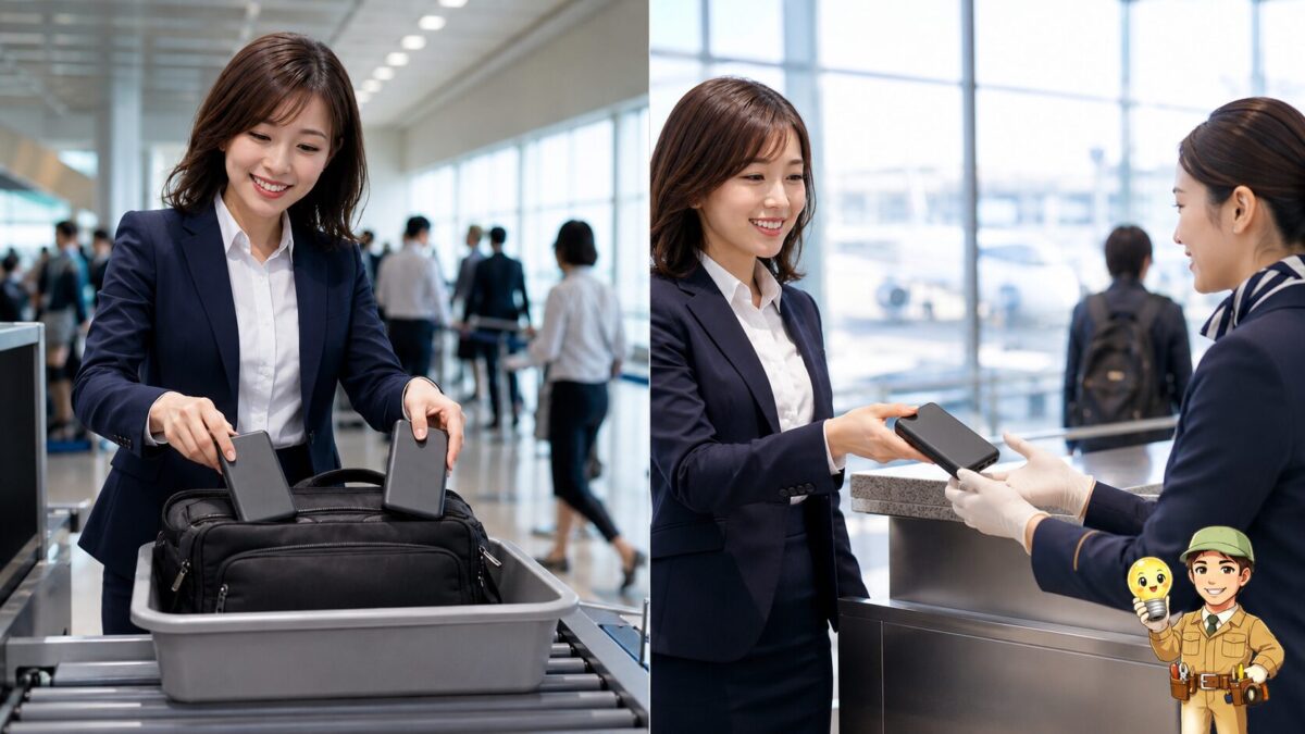 国内線の保安検査でバッテリーを提示する旅行者と、国際線で航空会社の係員に確認してもらう旅行者
