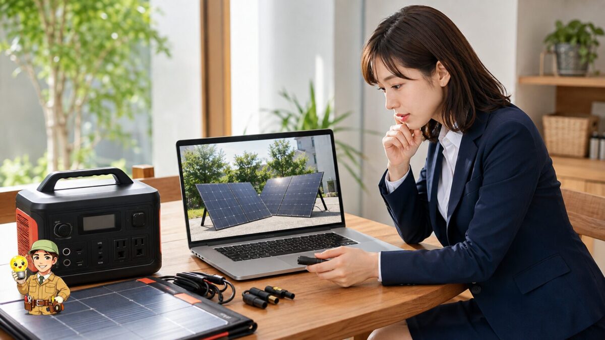 自宅で専門家のソーラーパネル比較動画を見ながら接続部品を確認する利用者
