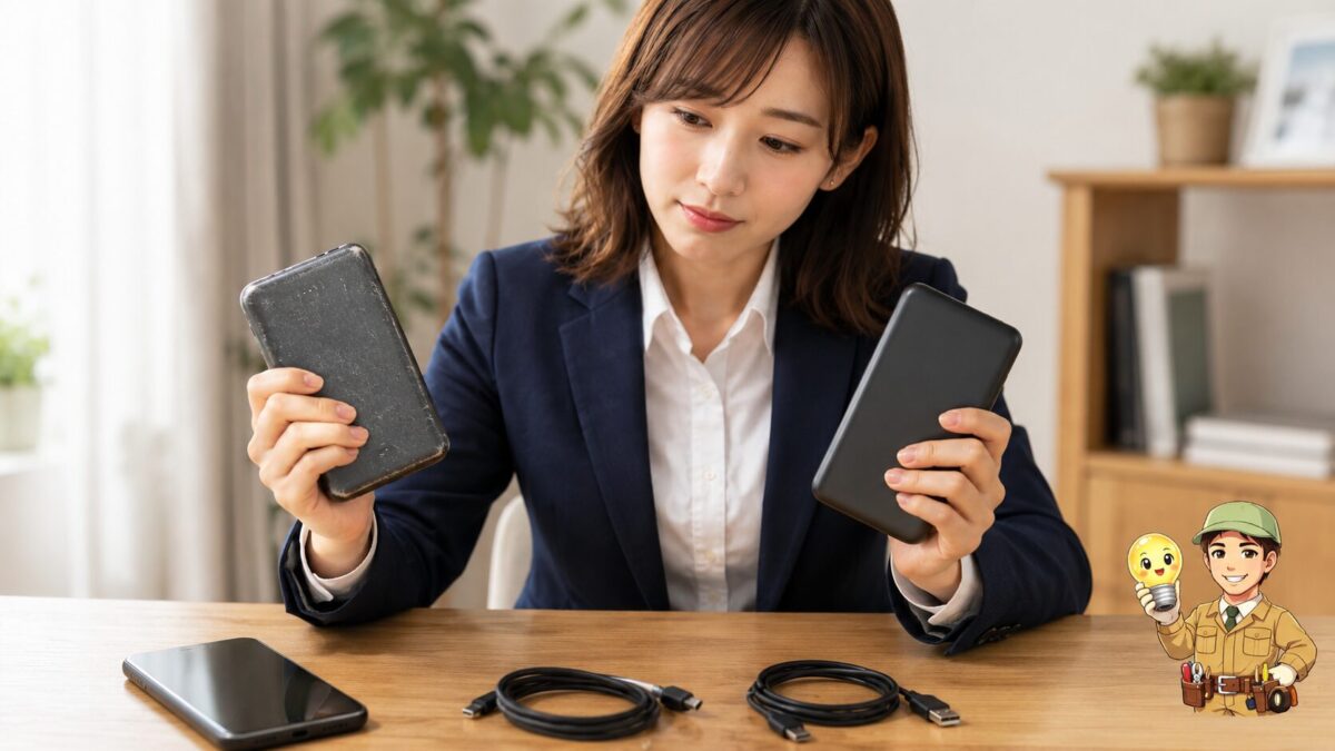涼しく風通しのよい机の上で、充電中のモバイルバッテリーからケーブルを外している場面