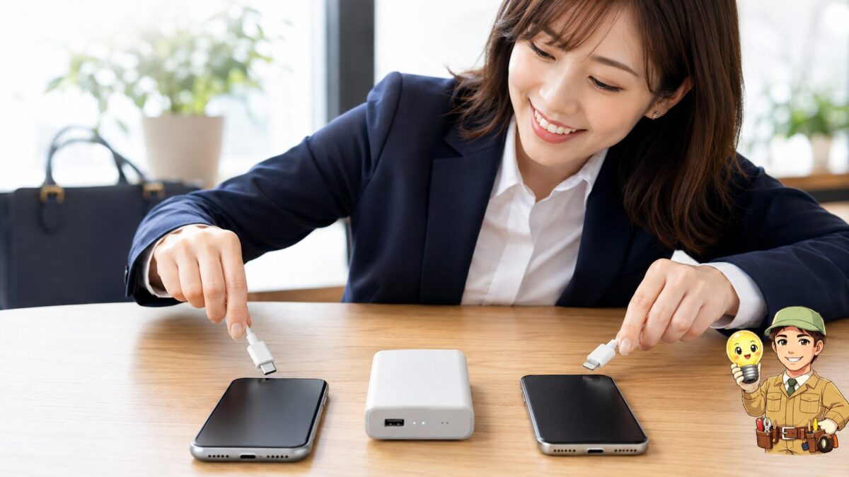 充電口の形が異なる2台のスマートフォンに、それぞれ合う形状のケーブルを接続しようとする手元