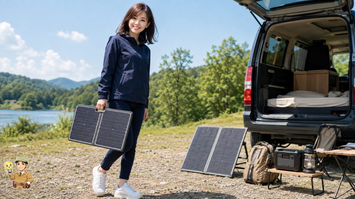 車中泊のそばで軽量な折りたたみ式ソーラーパネルを片手で運ぶソロキャンパー