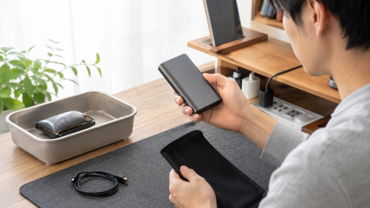 正常なモバイルバッテリーを点検する手元と、安全容器に隔離された膨張バッテリーを対比した様子