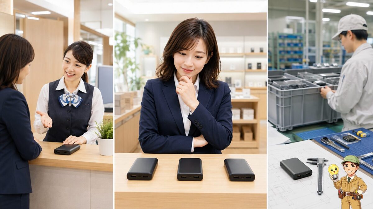 製造現場、設計環境、国内サポートの違いを背景に、外観が似たモバイルバッテリーを比較する利用者