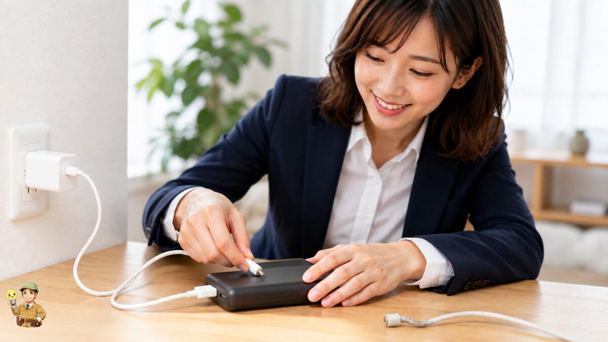 スマートフォンの充電ポートを安全に掃除しモバイルバッテリーの電源ボタンを確認する人物