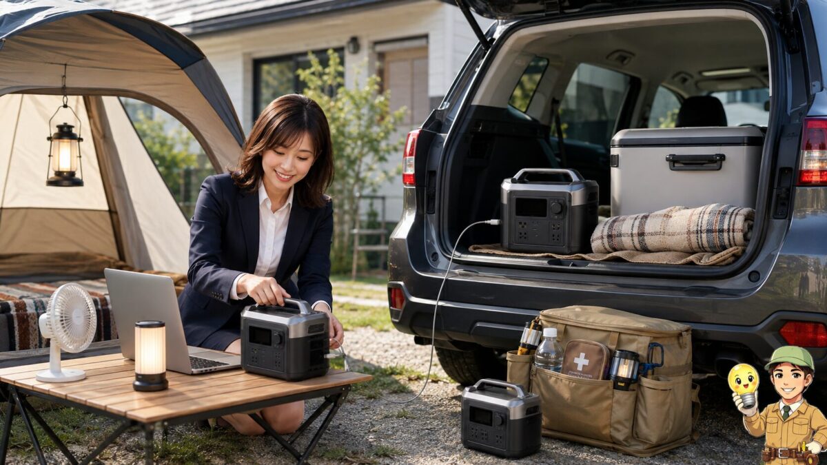 キャンプや車中泊、防災で小型ポータブル電源を照明や電気毛布、小型冷蔵庫に使う場面