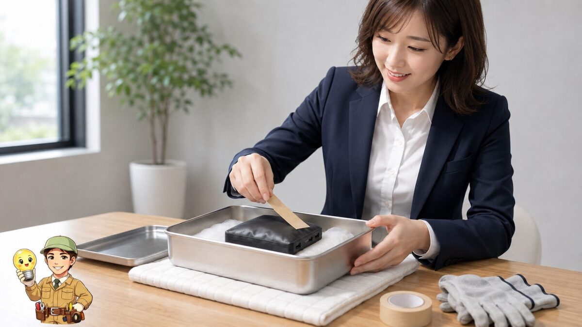 膨張したモバイルバッテリーの端子だけを絶縁し不燃性の容器で安全に運ぶ準備をする手元