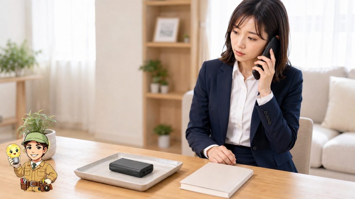 使用を控えたモバイルバッテリーを耐熱皿に置き、電話で相談する人物
