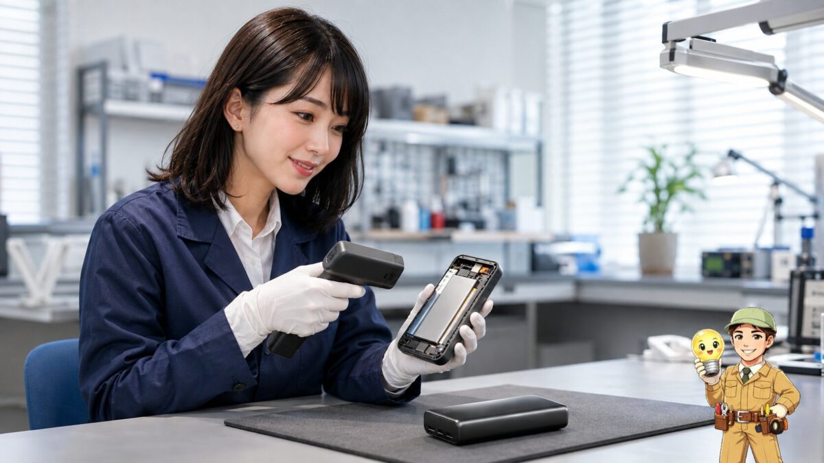 技術者が温度管理された作業台で、従来型と安全性を重視した新しい電池構造のモバイルバッテリーを点検する様子