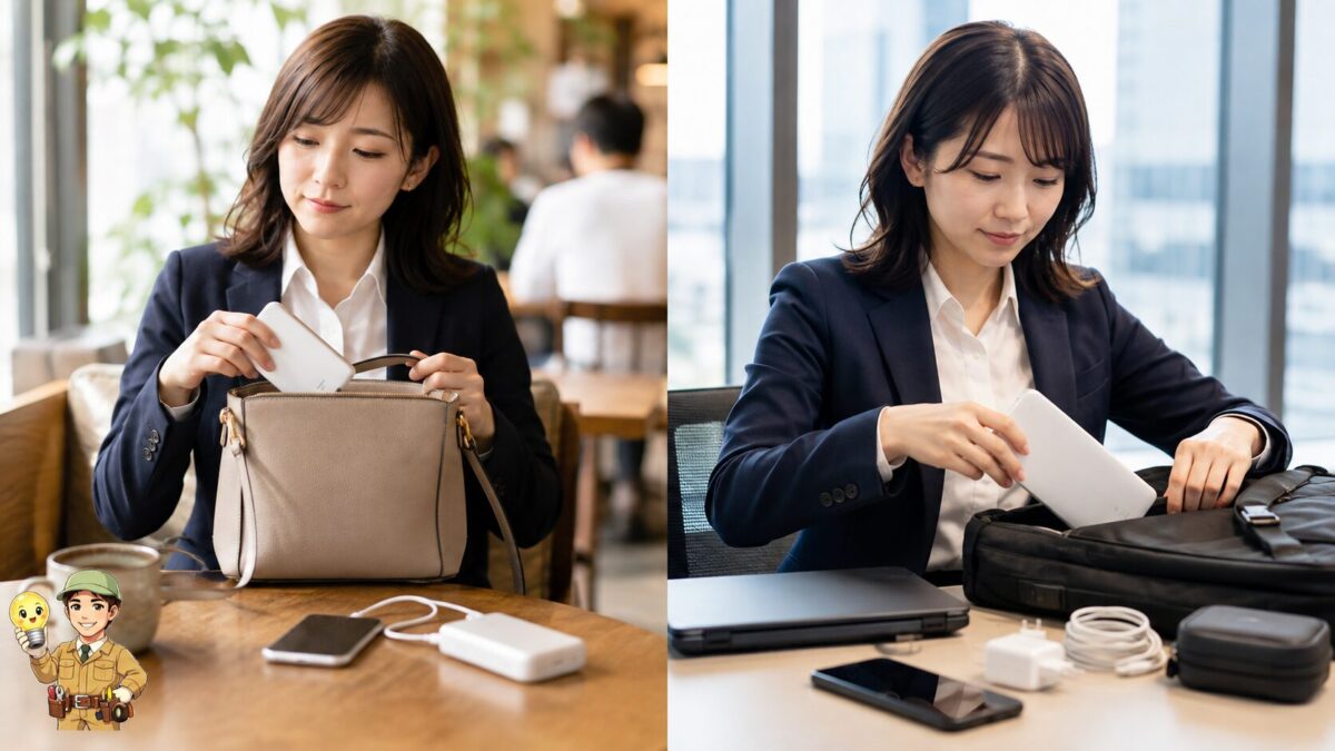 短時間の予備用と毎日の主力用で異なるモバイルバッテリーを使い分ける二つの場面
