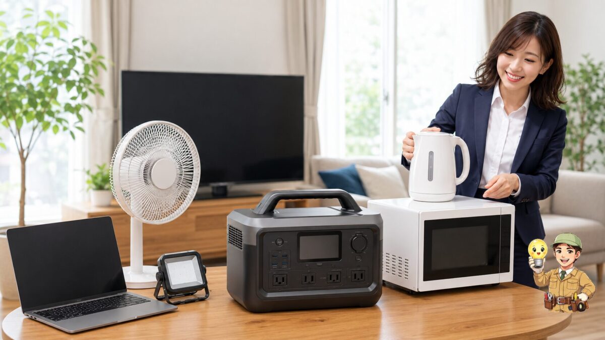 ポータブル電源の周囲にパソコンや照明、扇風機、電気ケトル、電子レンジを配置した家電利用の場面