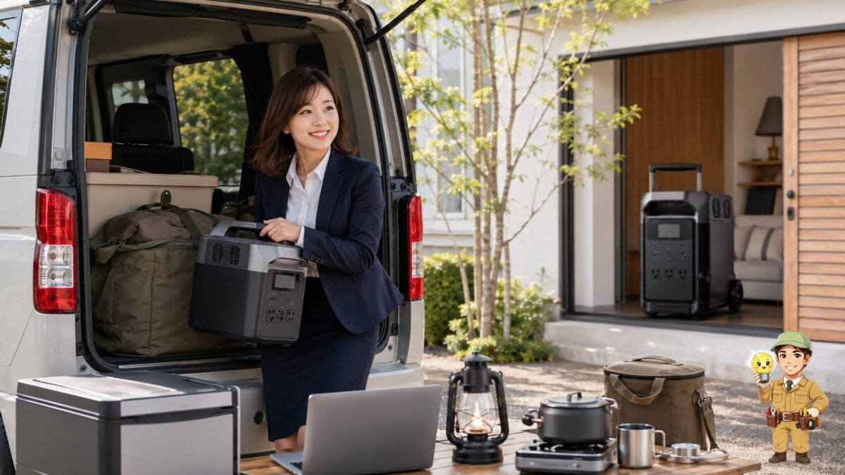 車中泊用の持ち運びやすい電源と家庭バックアップ用の大型電源を用途に応じて使い分ける場面