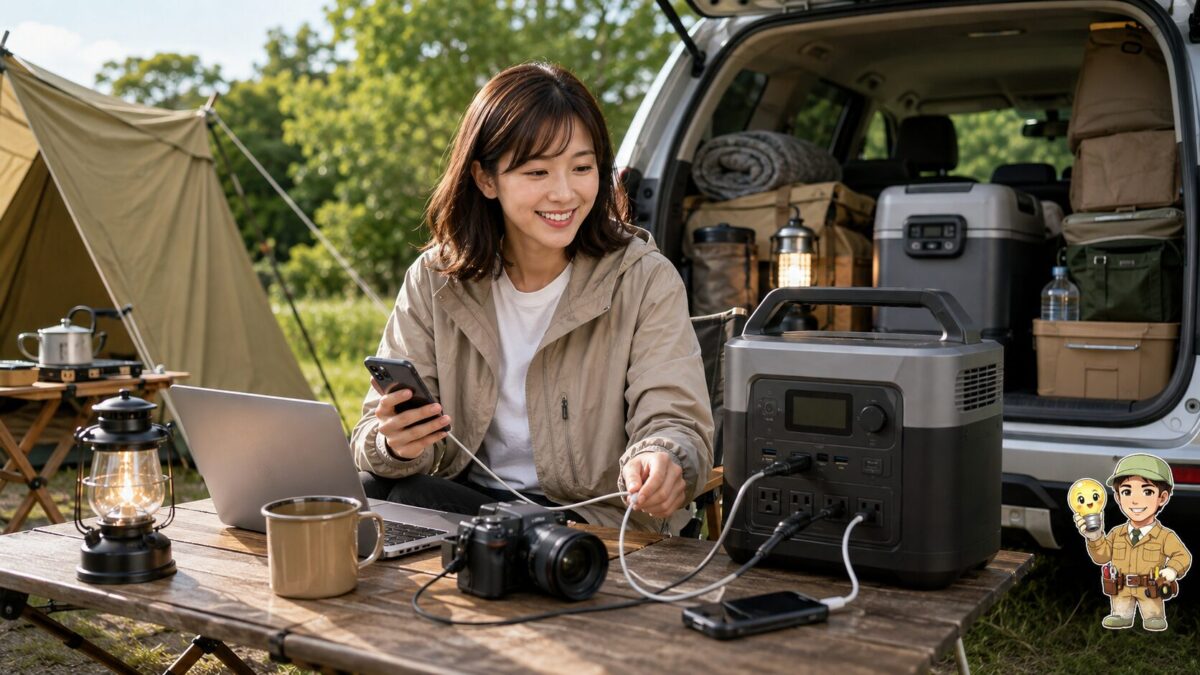 車中泊のキャンプ場でポータブル電源から照明やパソコンなどに給電している利用場面