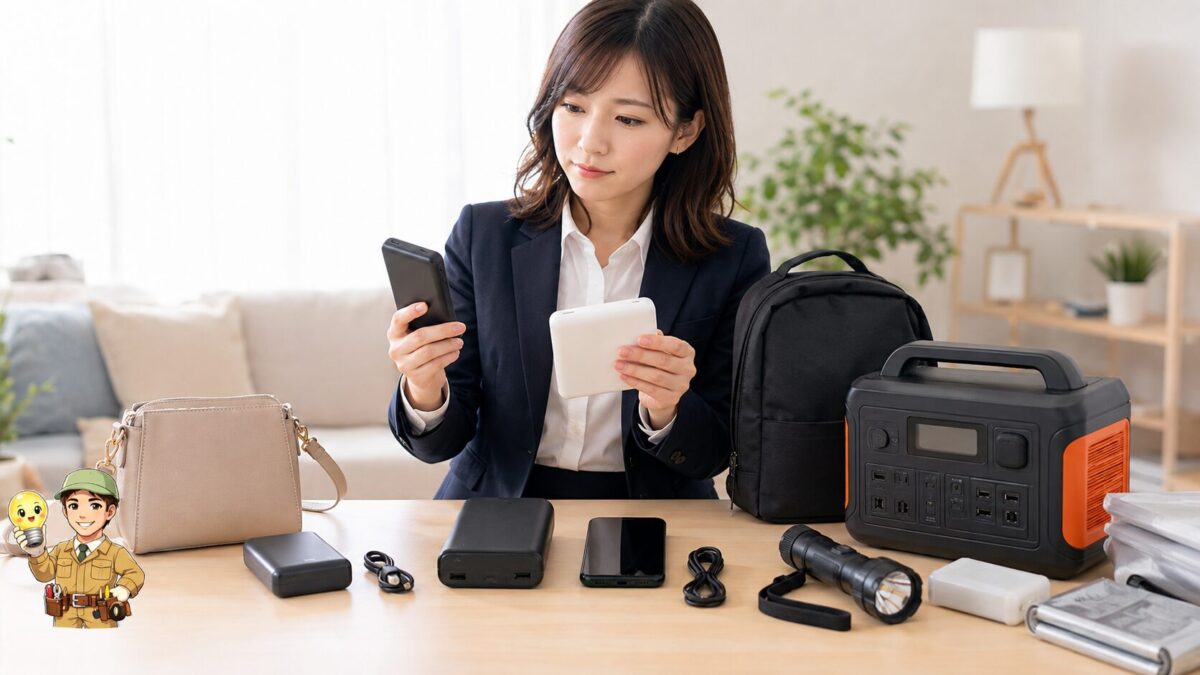 外出用、日常用、防災用の電源機器を用途ごとに並べて比較する人物