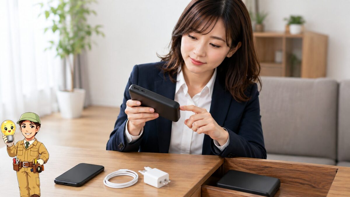 モバイルバッテリーの端子やケーブル、本体の状態を確認し、安全に使える製品か点検する場面