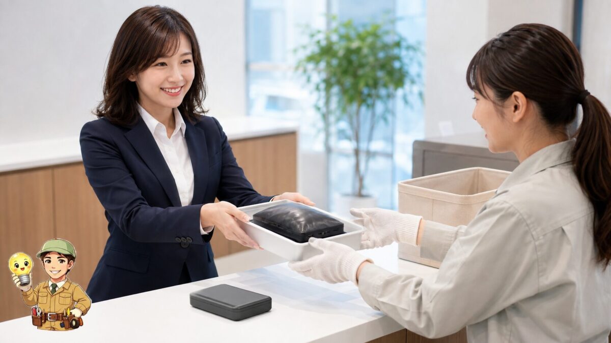 膨張したモバイルバッテリーを専用窓口へ容器ごと引き渡し新品へ買い替える場面
