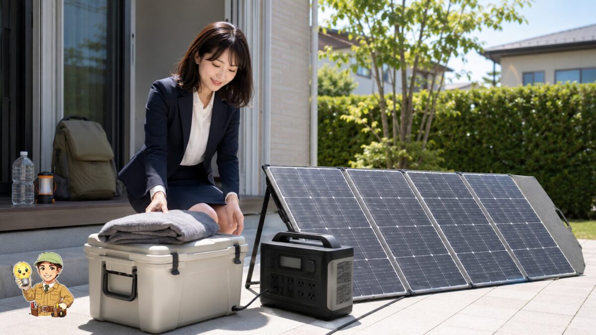 停電への備えとして自宅前で大型ソーラーパネルから大容量電源を充電する様子