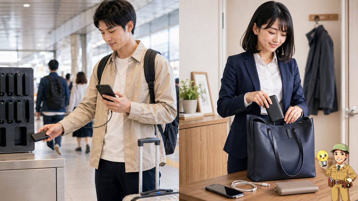 停電した自宅でポータブル電源から照明とスマートフォンへ電気を供給する家族